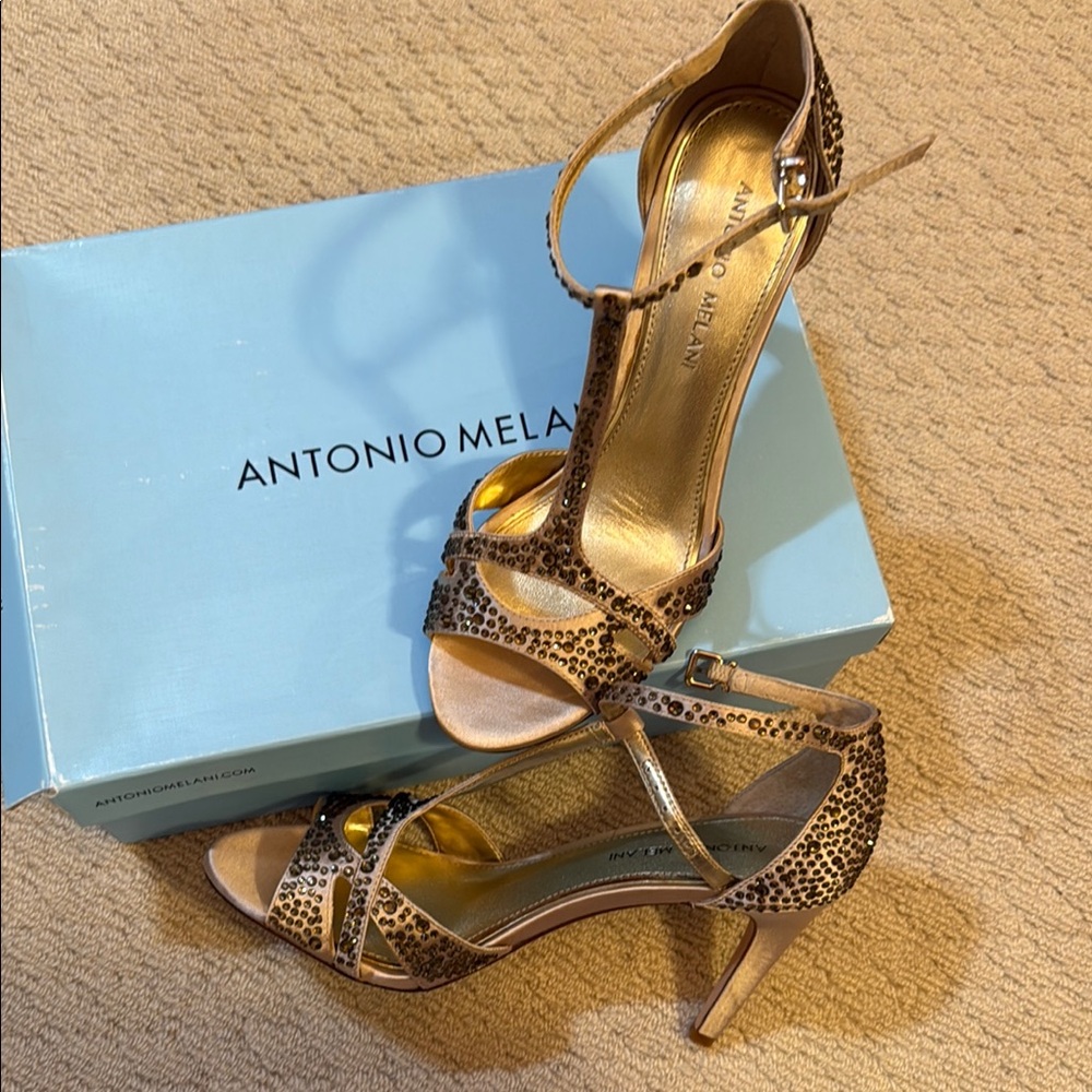 Antonio Melani Gold Stiletto Heels with Rhinestone Embellishments